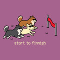 Three dogs running towards a finish line with 'start to finnish' text on a purple background