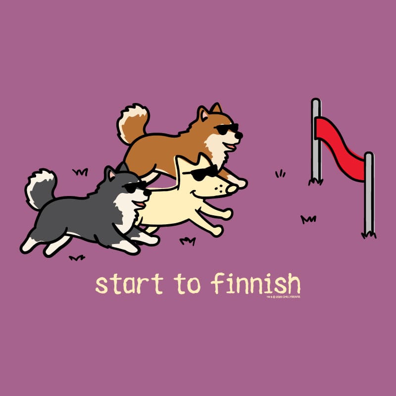Three dogs running towards a finish line with 'start to finnish' text on a purple background