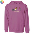 Purple hoodie with cartoon dogs and text on a white background