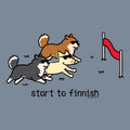 Three cartoon dogs running towards a finish line with text 'start to finnish' on a blue background.