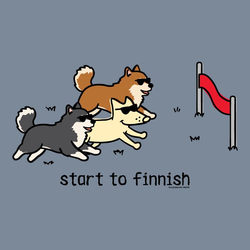 Three cartoon dogs running towards a finish line with text 'start to finnish' on a blue background.