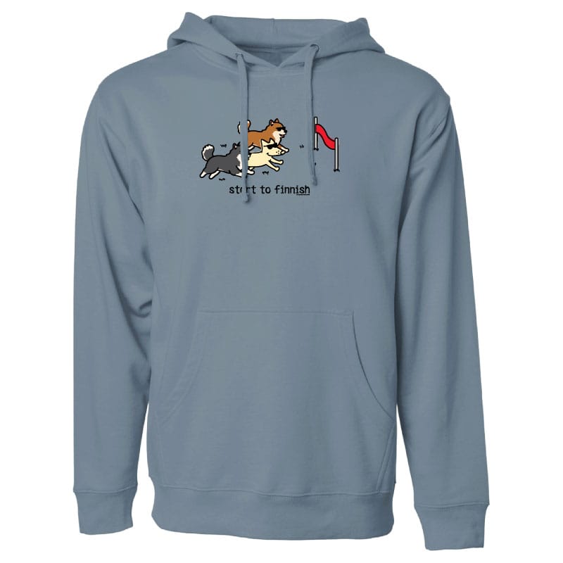Blue hoodie with cartoon dogs design on a white background