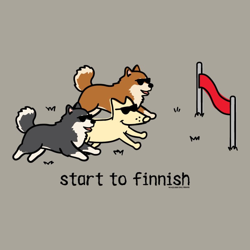Three cartoon dogs running towards a finish line with text 'start to finnish' on a beige background.