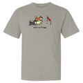 Gray t-shirt with cartoon dogs and text on a white background