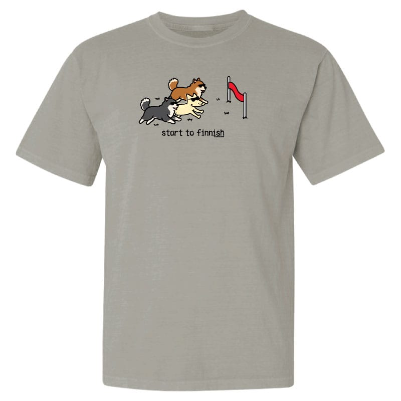 Gray t-shirt with cartoon dogs and text on a white background
