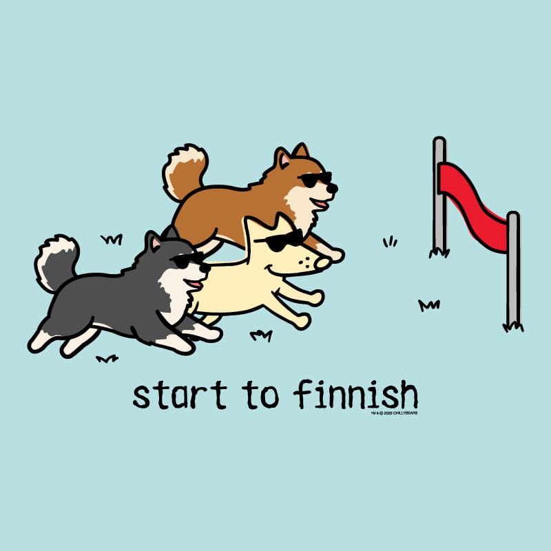 Three cartoon dogs running towards a finish line with text 'start to finnish' on a light blue background.