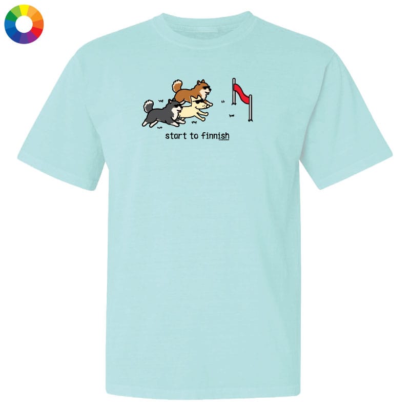 Light blue t-shirt with cartoon dogs and text on a white background