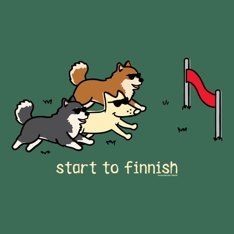 Three cartoon dogs running towards a finish line with text 'start to finnish' on a green background.