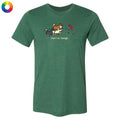 Green t-shirt with cartoon dogs and text on a white background