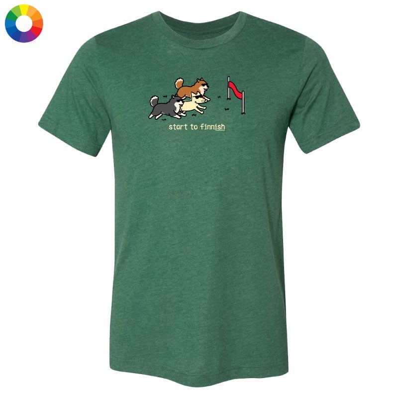 Green t-shirt with cartoon dogs and text on a white background