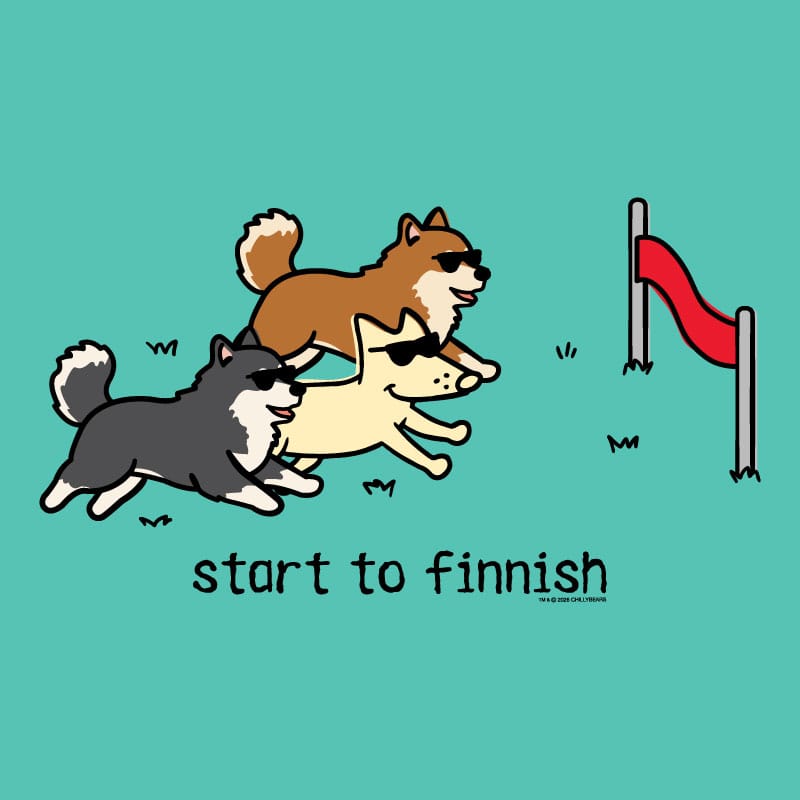 Three cartoon dogs running towards a red banner with 'start to finnish' text on a blue background.