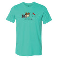 Teal t-shirt with a graphic of two dogs running towards a finish line and text 'start to finish' on a white background.