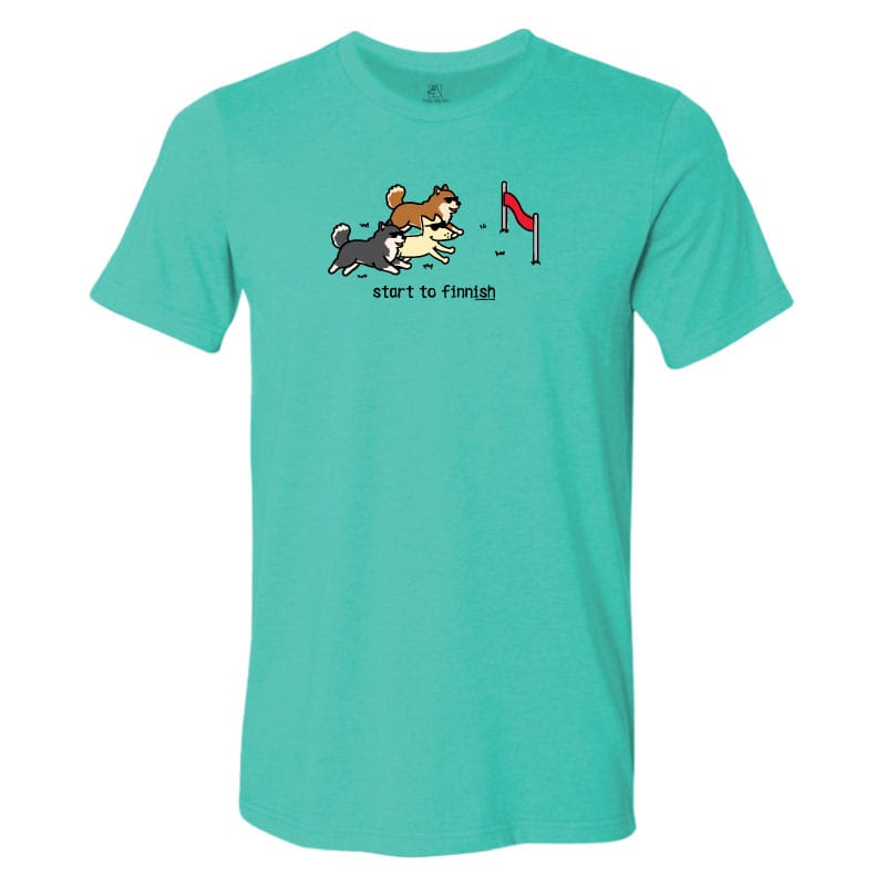 Teal t-shirt with a graphic of two dogs running towards a finish line and text 'start to finish' on a white background.