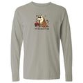A light gray long-sleeve crewneck t-shirt featuring a cartoon graphic of a dog wearing sunglasses and a plaid blanket, sitting next to a cup of coffee with the text 'The dog days of Fall' printed below.