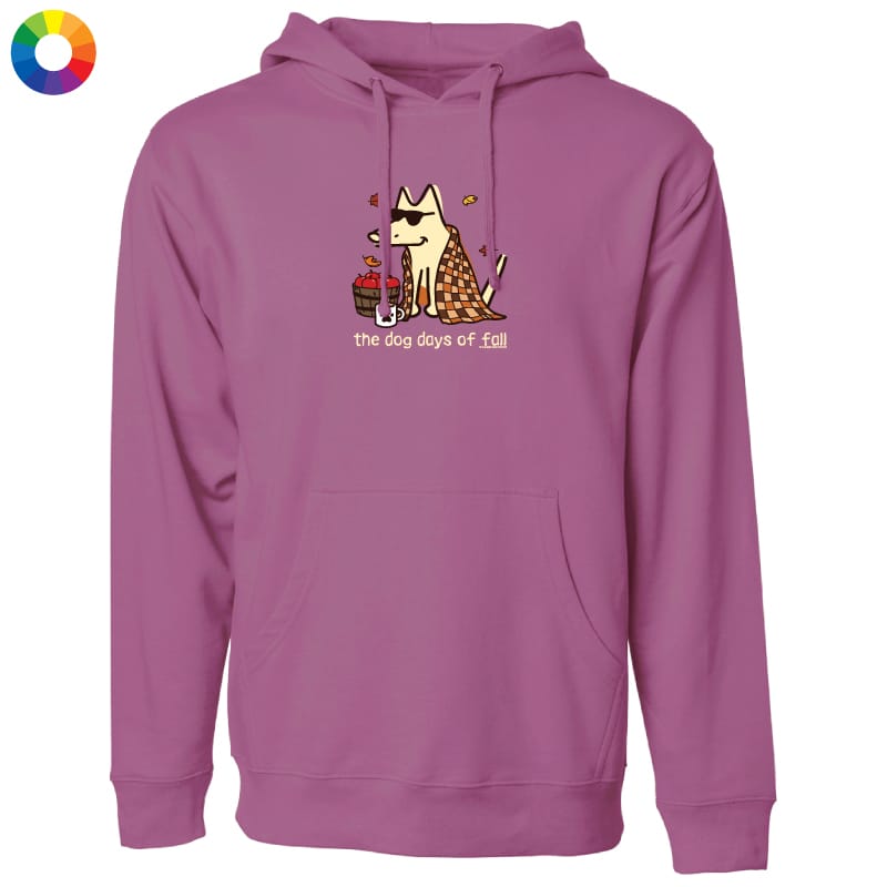 A purple pullover hoodie with a graphic of a dog wearing sunglasses and a checkered coat next to a coffee cup, with the text 'the dog days of Fall' printed below. The hoodie is shown on a plain white background with a small multicolor color wheel icon in the top-left corner.