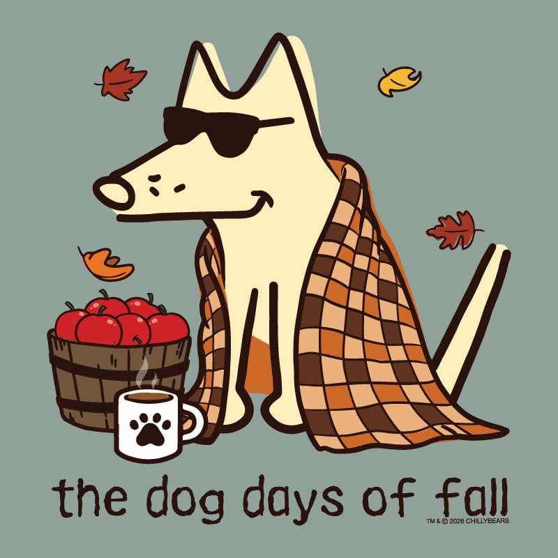 A stylized fall-themed illustration of a cream-colored dog wearing dark sunglasses, wrapped in an orange and brown plaid blanket, sitting beside a basket of red apples and a white mug with a paw print. The text 'the dog days of fall' appears at the bottom on a muted blue-green background with scattered autumn leaves.