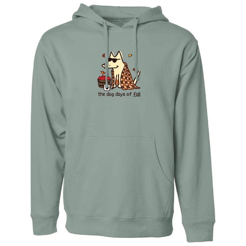 A sage green pullover hoodie with a front kangaroo pocket and drawstring hood, featuring a cartoon graphic of a dog wearing sunglasses and a checkered blanket next to a hotdog, with the text 'the dog days of fall' printed below.