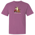 A heathered purple short-sleeve t-shirt with a cartoon graphic of a dog wearing sunglasses and a checkered blanket, holding a basket of red apples, with the text 'the dog days of fall' printed below.
