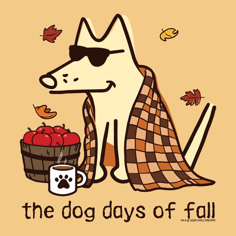 A stylized fall-themed illustration of a cream-colored dog wearing black sunglasses, wrapped in an orange and brown plaid blanket, sitting beside a basket of red apples and a white mug with a black paw print. The text 'the dog days of fall' appears at the bottom on a warm beige background with scattered autumn leaves.