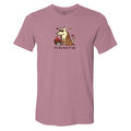 A heathered dusty rose short-sleeve t-shirt with a graphic of a dog wearing a leopard-print coat next to a basket of red apples, with the text 'the dog days of fall' printed below.