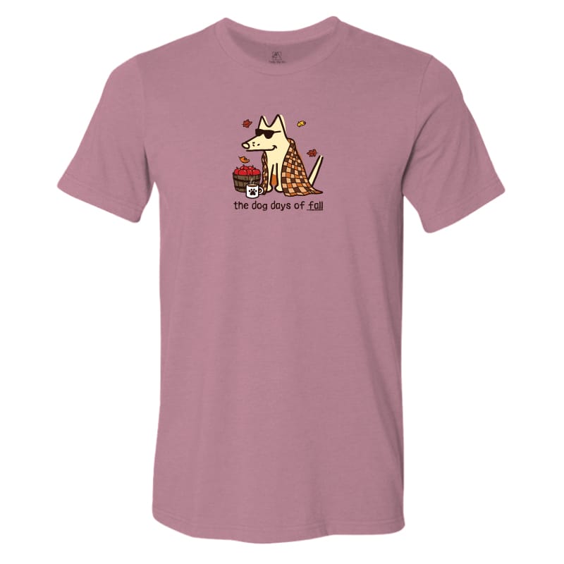 A heathered dusty rose short-sleeve t-shirt with a graphic of a dog wearing a leopard-print coat next to a basket of red apples, with the text 'the dog days of fall' printed below.