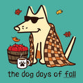 A stylized illustrated dog wearing black sunglasses and wrapped in a brown-and-cream plaid blanket, sitting beside a basket of red apples and a white mug with a paw print. The text 'the dog days of fall' appears at the bottom on a teal background with scattered autumn leaves.
