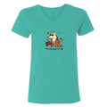 A women's short-sleeve V-neck t-shirt in a vibrant teal color, featuring a cartoon graphic of a fox wearing sunglasses and a patterned shirt next to a red cup, with the text 'the dog days of fall' printed below.