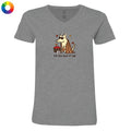A heather gray V-neck t-shirt featuring a cartoon graphic of a dog wearing sunglasses and a checkered blanket, sitting next to a cupcake with the text 'the dog days of fall'.