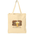 A natural canvas tote bag with a printed illustration of a yellow dog standing under an autumn tree arch, with the text 'The dogs they are a chihuahua' below the artwork, shown on a plain white background.