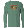 A sage green long-sleeve t-shirt with a graphic on the chest showing a yellow cat framed by autumn trees, with the text 'He knows they are a cat' underneath.