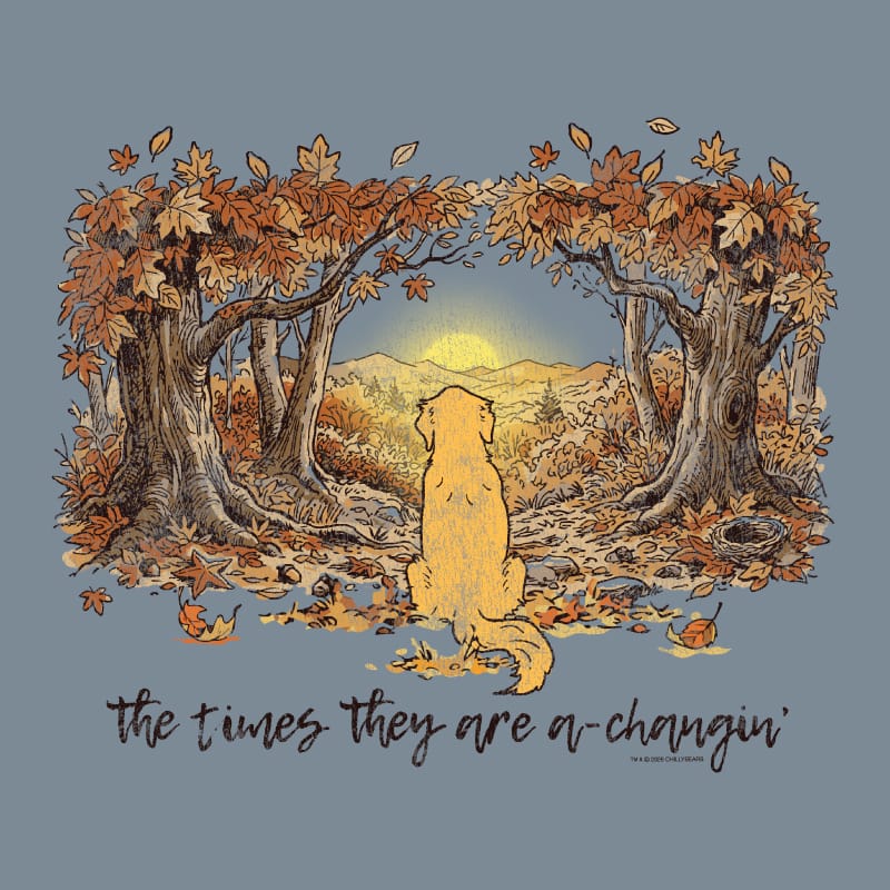 A square graphic print featuring an autumn forest scene with a golden retriever sitting in the foreground, looking toward a glowing sunset over hills. The trees have orange and brown leaves, and the ground is covered in fallen leaves.