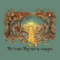 A square graphic print featuring a golden retriever dog sitting in a forest of autumn trees, looking toward a glowing sunset. The text 'the times they are a-changin'' is written in cursive at the bottom.