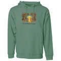 A sage green pullover hoodie with a front kangaroo pocket and drawstring hood, featuring a graphic print of a golden retriever framed by autumn trees with the text 'The times they are a-changin'' on the chest.