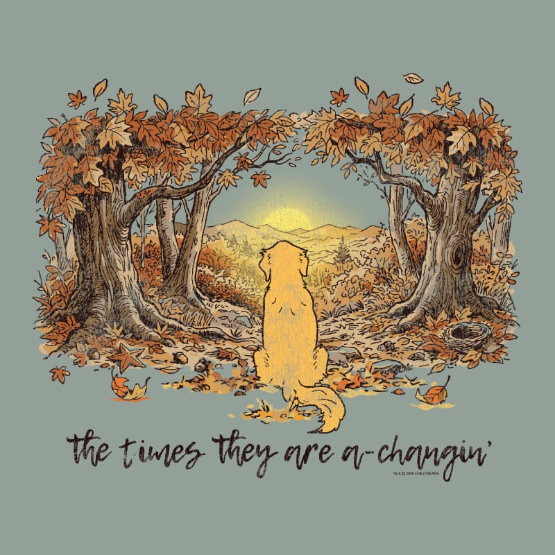 A square graphic print featuring an autumn landscape illustration with two trees, fallen leaves, a seated golden retriever, and the text 'the times they are a-changin'' on a muted sage green background.