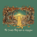 A square graphic print featuring an autumn forest scene with a golden retriever sitting in the foreground, surrounded by orange and brown leaves, trees, and hills under a yellow sun. Below the illustration, the phrase 'the times they are a-changin'' is written in white script.