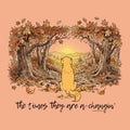 A square graphic print featuring an autumn forest scene with a golden retriever sitting in the center, looking toward a sunset. The trees have orange and brown leaves, and the ground is covered in fallen leaves.