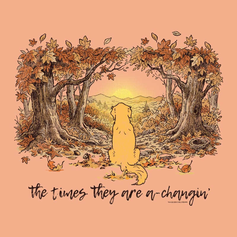 A square graphic print featuring an autumn forest scene with a golden retriever sitting in the center, looking toward a sunset. The trees have orange and brown leaves, and the ground is covered in fallen leaves.