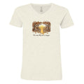 An off-white heathered V-neck t-shirt featuring a central graphic of a golden mushroom surrounded by brown leaves, with the text 'No trees they are no sleepin'' printed below.