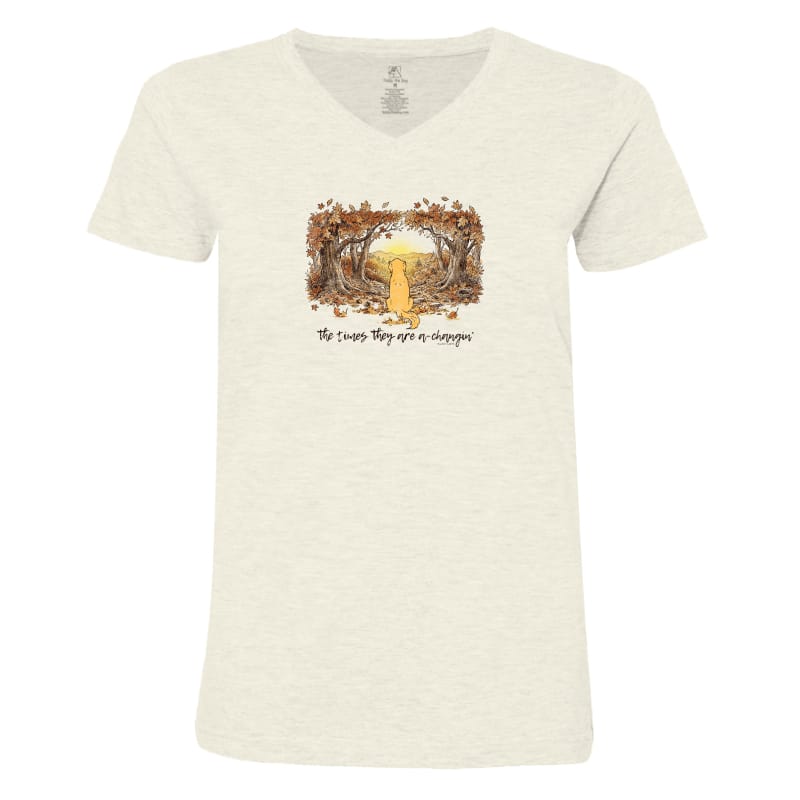An off-white heathered V-neck t-shirt featuring a central graphic of a golden mushroom surrounded by brown leaves, with the text 'No trees they are no sleepin'' printed below.