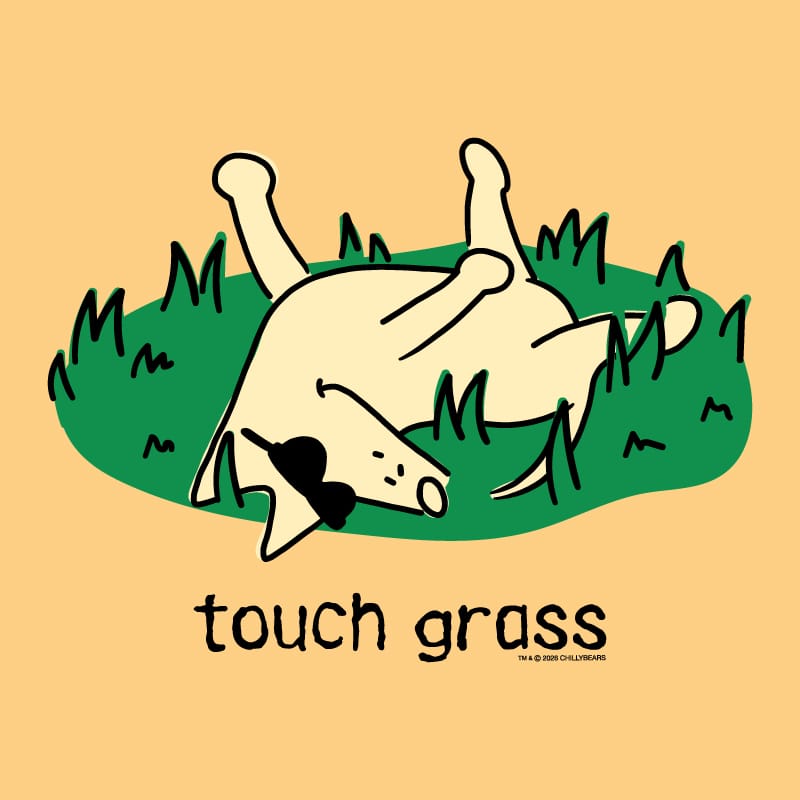 A stylized illustration of a cream-colored dog lying on its back in green grass, with the text 'touch grass' below on a warm peach background. Small copyright text at the bottom right reads '© GED DULLUMANS'.