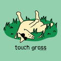 A cartoon-style graphic on a mint green background showing a cream-colored dog rolling on green grass with the text 'touch grass' below.