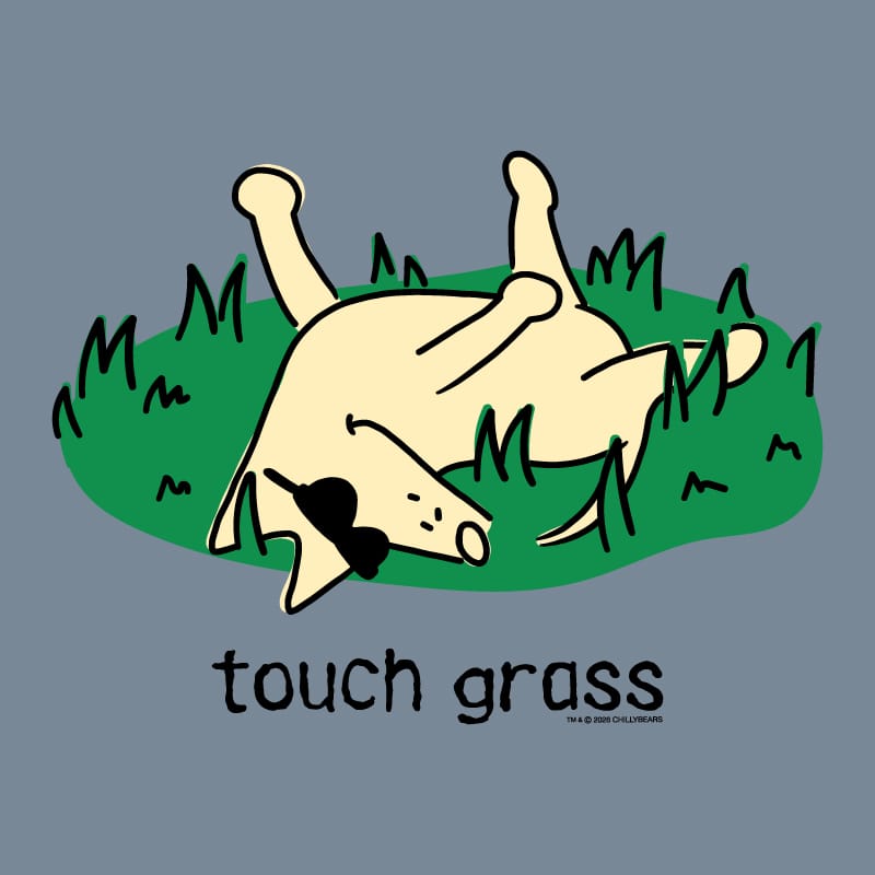 A cartoon-style graphic on a muted blue-gray background showing a cream-colored dog rolling on its back on green grass, with the text 'touch grass' below.