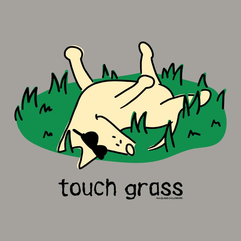 A cartoon-style graphic on a gray background showing a cream-colored dog rolling on its back in green grass, with the text 'touch grass' below.