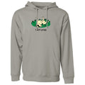 A light gray pullover hoodie with a front kangaroo pocket and drawstring hood, featuring a graphic of a hand touching green grass with the text 'touch grass' printed below.