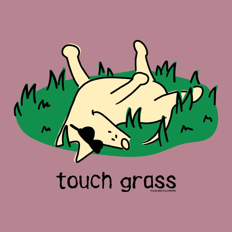 A graphic print featuring a cartoon dog rolling on its back in green grass, with the text 'touch grass' underneath. The brand 'SOD CALIFORNIA' is printed in small text in the bottom right corner.