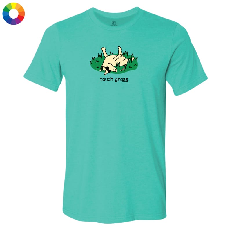 A turquoise short-sleeve crewneck t-shirt with a cartoon graphic of a cat lying on green grass and the text 'touch grass' printed below it. A small multicolor color wheel icon is visible in the top-left corner.