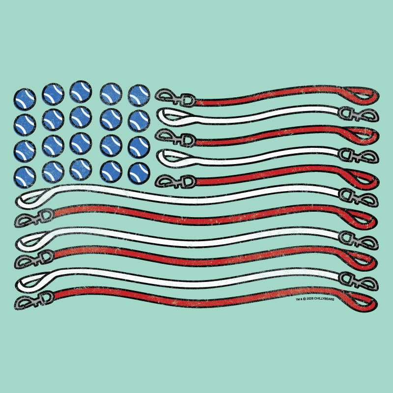 American flag design made with blue buttons, red and white straps on a teal background