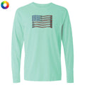 Mint green long-sleeve shirt with a colorful American flag design on a white background