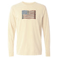 Beige long-sleeve shirt with a colorful flag design on a white background