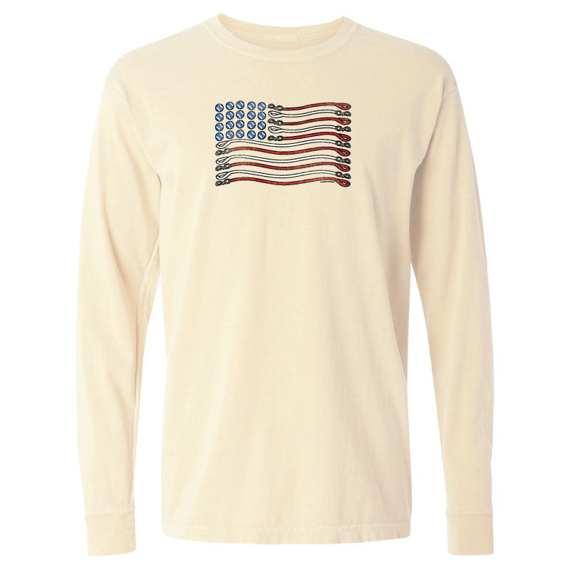 Beige long-sleeve shirt with a colorful flag design on a white background